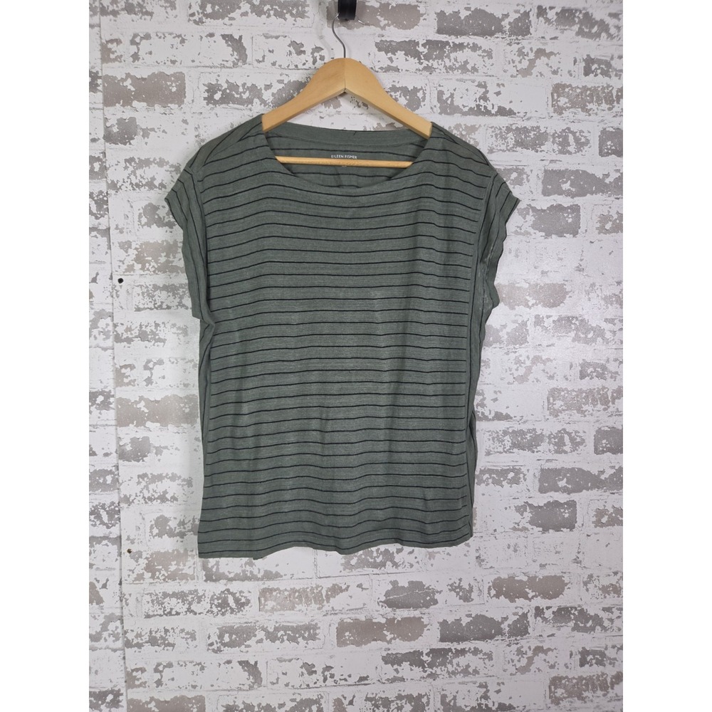 Eileen Fisher Organic Linen Short Sleeve Top Tee Medium Green Striped